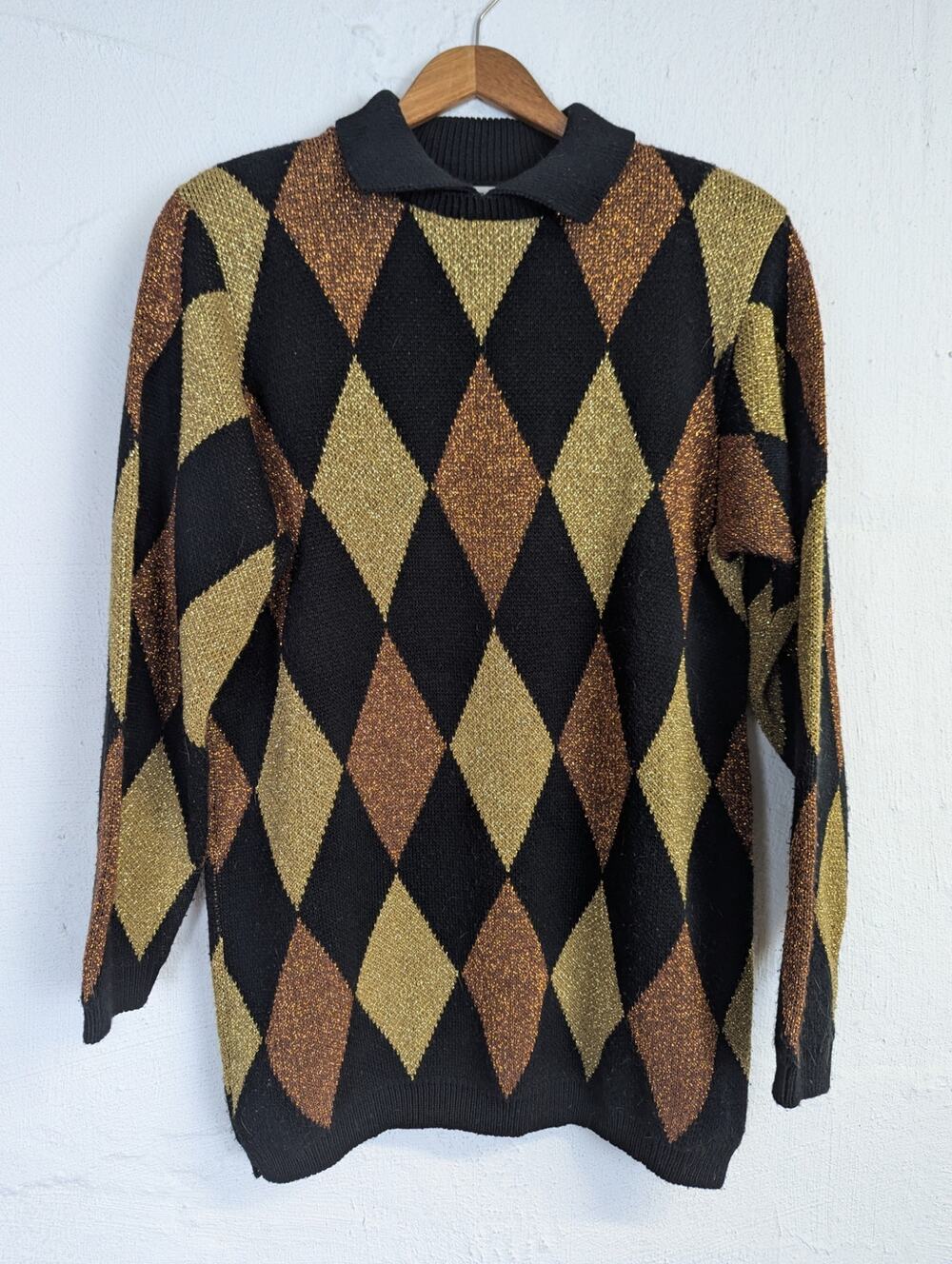 Vtg Alfred Dunner Metallic Sweater Tunic Argyle Gold Collared Medium Petite